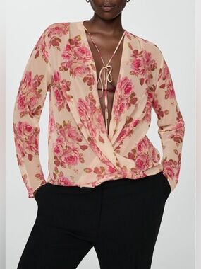 Mango Floral Print Crossover Sheet Blouse - Beige & Pink - size 6